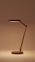 Centered in the frame, a minimalist desk lamp is shot straight-on, showcasing its elegant design and bold Burnt Sienna...
