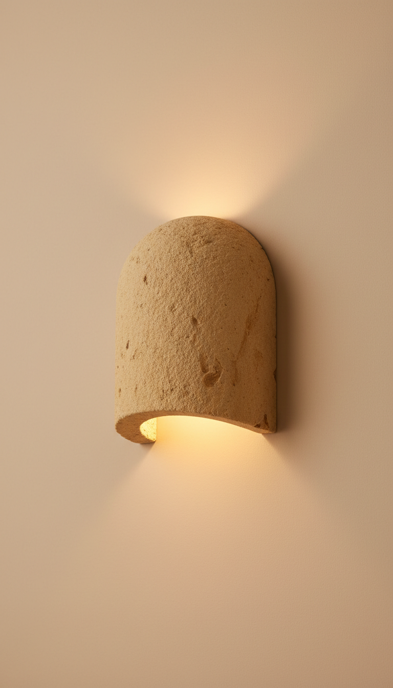 Warm Sandstone Wall Sconce, use a 3/4 angle that provides a clear view of the lighting product's design and materials....