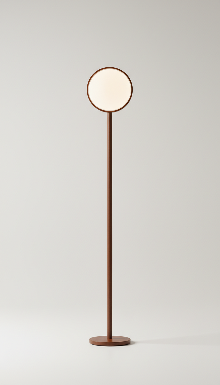 Display a Walnut Brown floor lamp centered against a neutral Frosted White backdrop, emphasizing its sleek lines and...