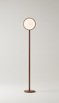 Display a Walnut Brown floor lamp centered against a neutral Frosted White backdrop, emphasizing its sleek lines and...
