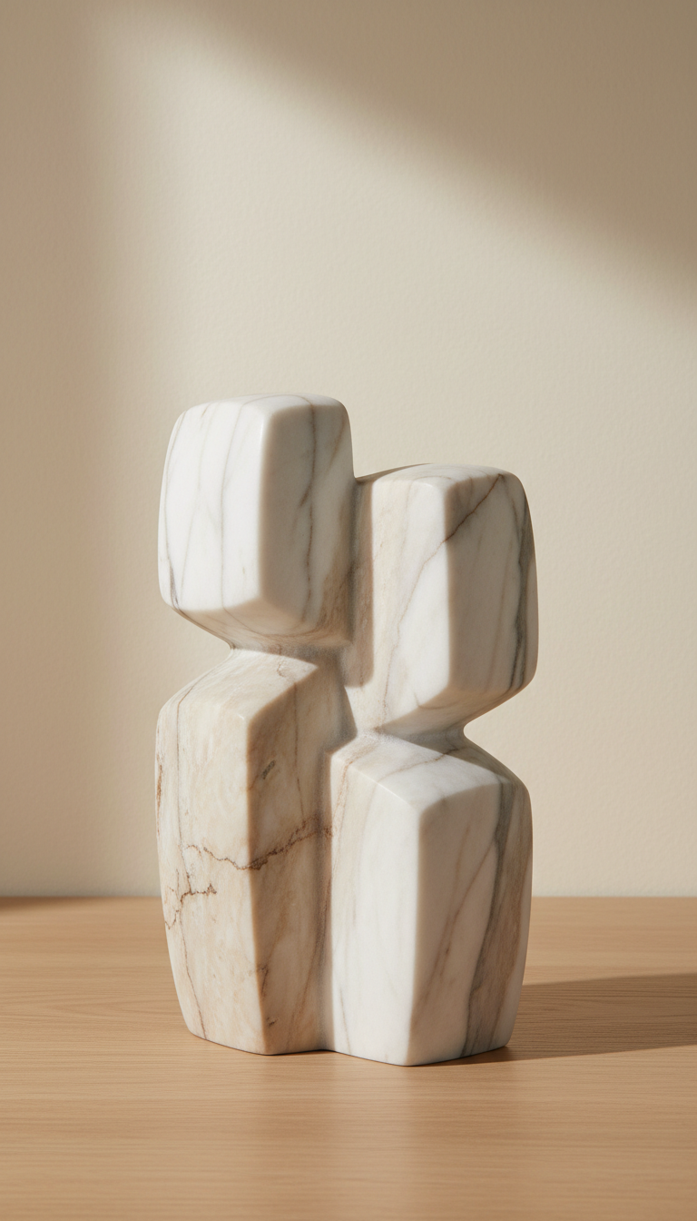 Marble abstract form sculpture, perfectly centered horizontally and vertically with equal negative space above and below,...