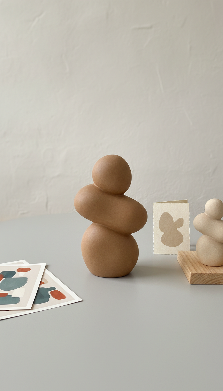 Minimalist ceramic sculpture, Primary angle is 3/4 from eye-level or slightly above; art prints are shown on tabletop with...