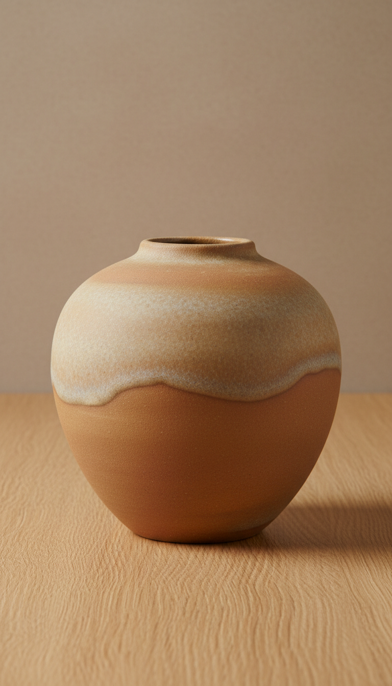 Sandstone Glazed Vase, Three-quarter product angles at eye-level to hero the volume and surface texture of each piece;...