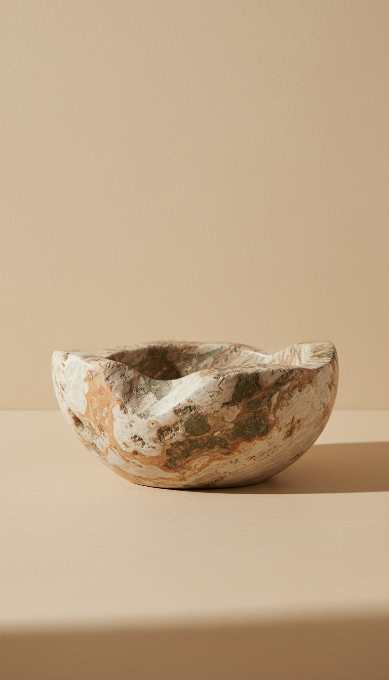 Olive stone entryway catchall bowl, Three-quarter angle as default — captures both front profile and sculptural side...