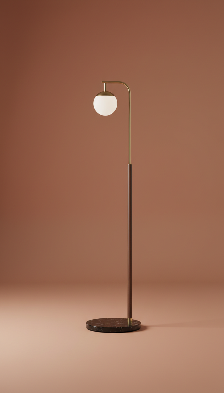 A sophisticated floor lamp showcased in a perfectly centered frame against a neutral Terracotta background. The product is...