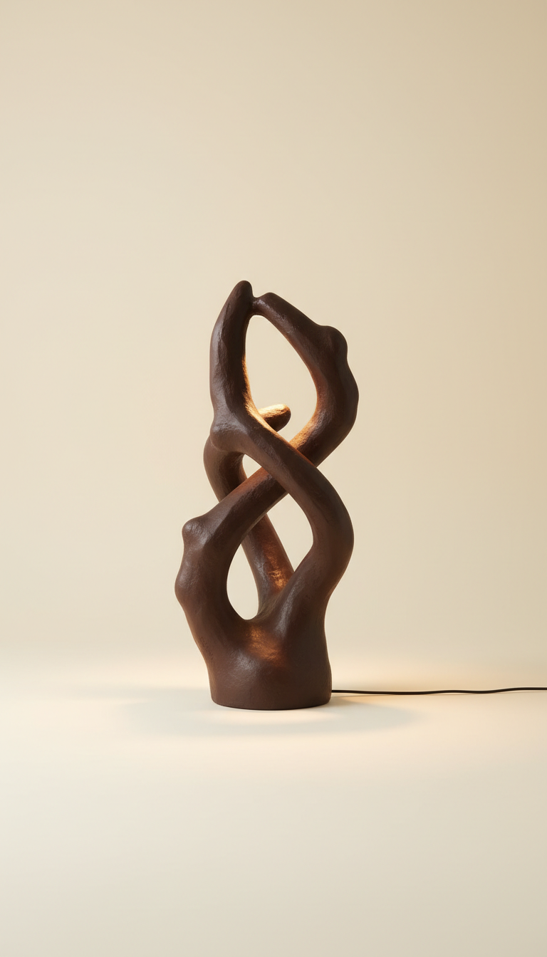 Display a sculptural table lamp in 'Coffee Brown', with a subtle shadow beneath, emphasizing its design and craftsmanship....
