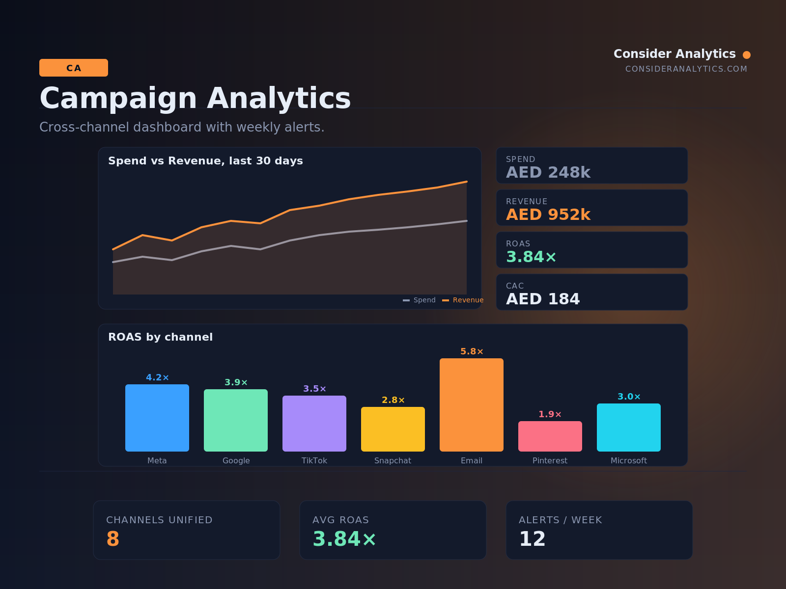Campaign Analytics — cross-channel performance dashboard with ROAS by channel