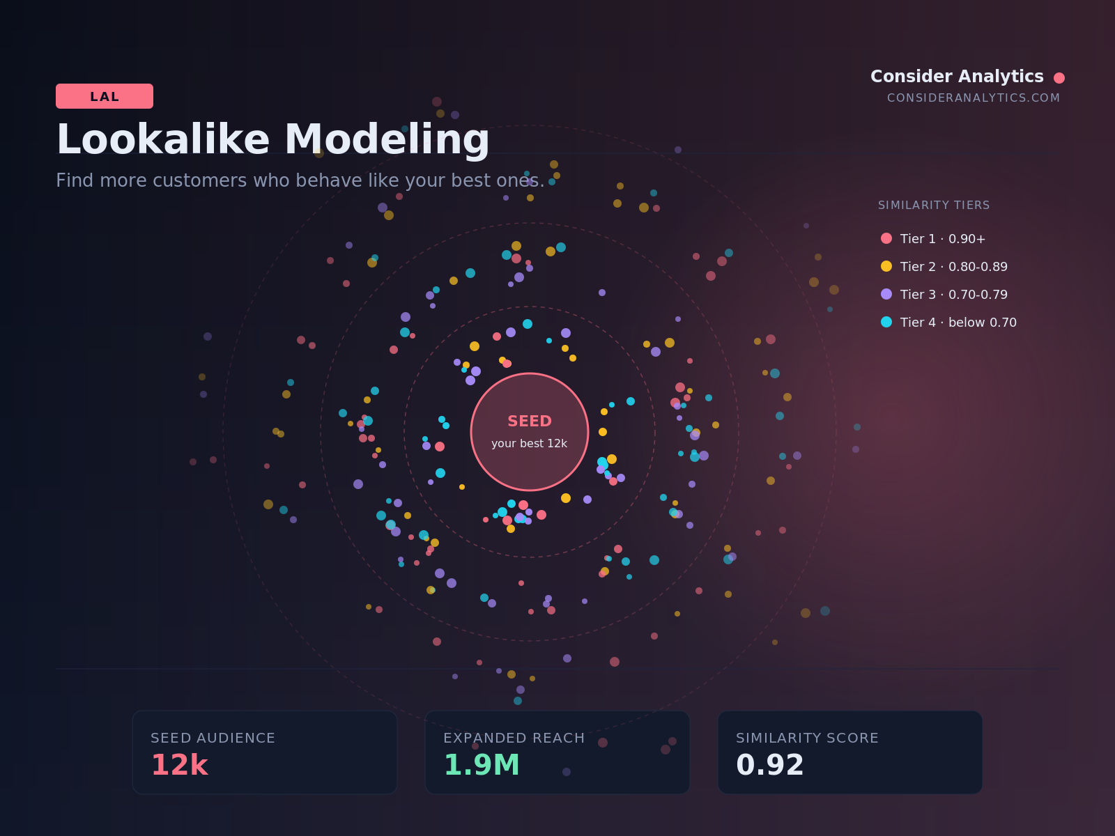 Lookalike Modeling — radial similarity map expanding from seed audience