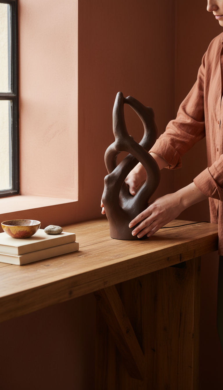 Sculptural Table Lamp in Coffee Brown in use