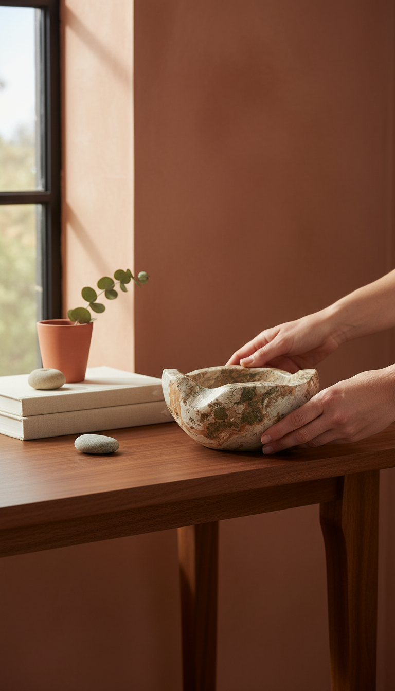 Olive Stone Entryway Catchall Bowl in use