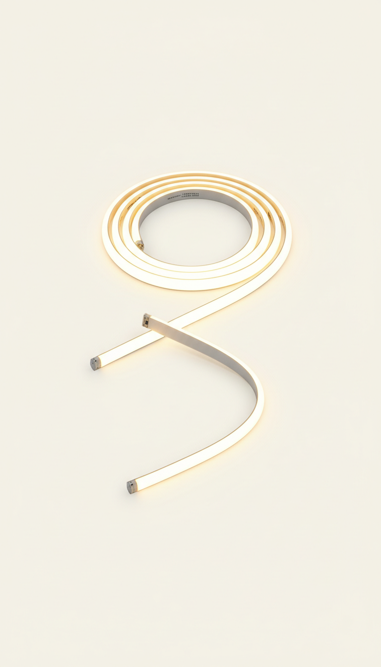 A product shot featuring an LED strip light, highlighting its flexibility and sleek profile. A soft shadow beneath ensures...